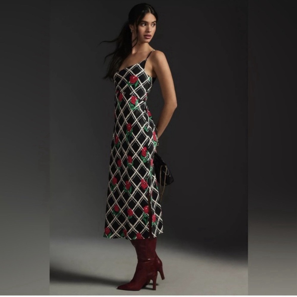 Anthropologie Black Midi Dress with Red and Green Floral Lattice